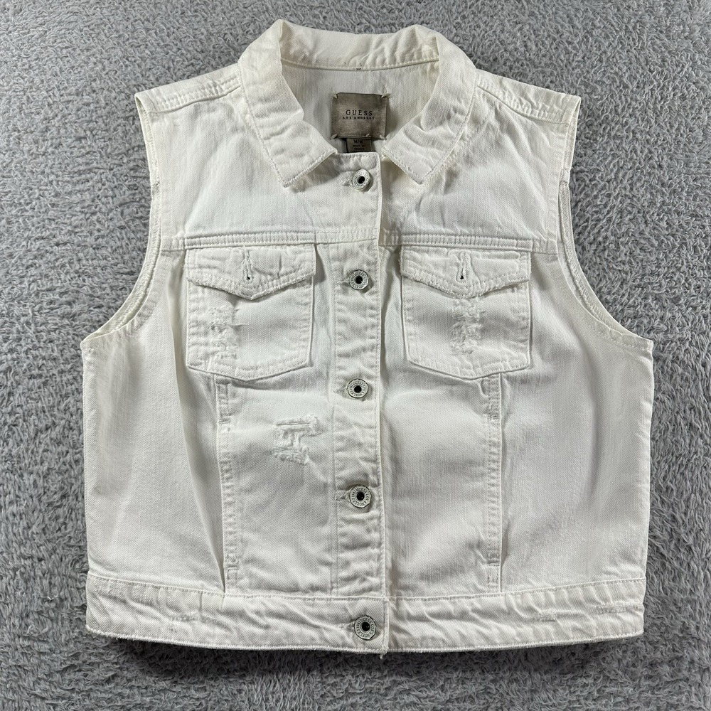 VINTAGE GUESS Denim Vest Jacket Womens Medium White Button Up Y2K Preppy